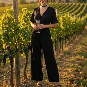 Black Women's Jumpsuit with Short Sleeves, Parisan Romper Size Medium Waist Tie